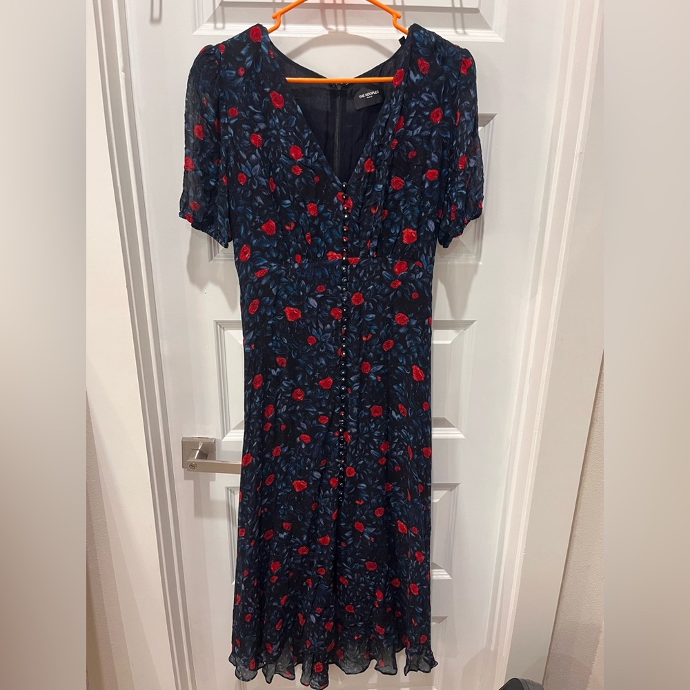 The Kooples Navy Midi Dress with Red Rose Print